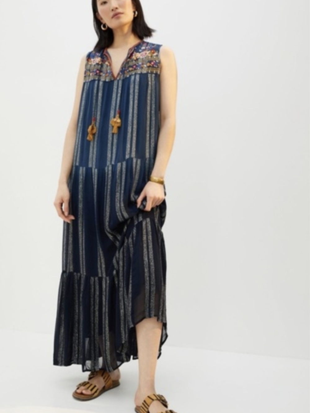 Anthropologie Verb Embroidered Navy Stripe Maxi Dress